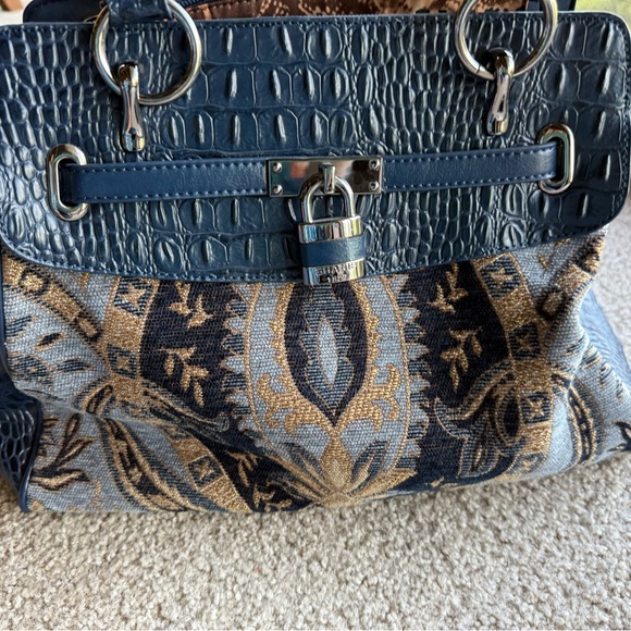 NWOT SHARIF 1827 Blue Tapestry Tote Satchel Handbag Croc Embossed Vintage - Picture 5 of 16